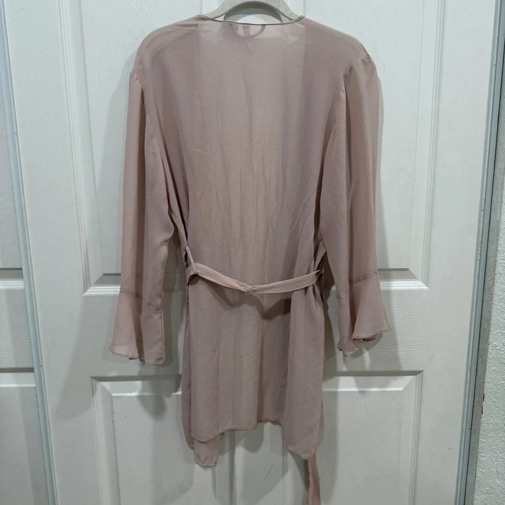 Willow Blossom 100% Silk Wrap Cardigan Top Dusty Rose Bell Sleeve Ruffle Large